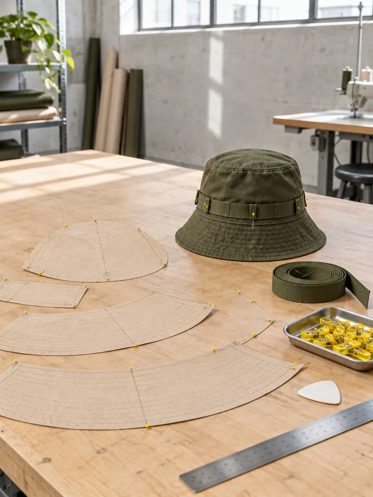 Paper patterns for a bucket hat, olive webbing and a tray of yellow clips on the cutting table