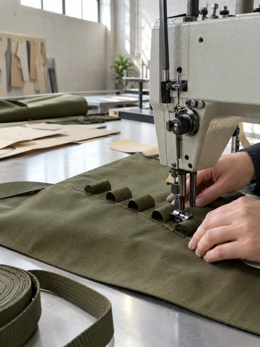 Webbing loops being bar-tacked onto twill