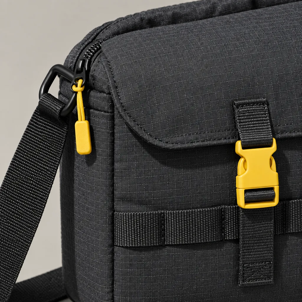 Box Rail Crossbody, close-up of the rail and hardware