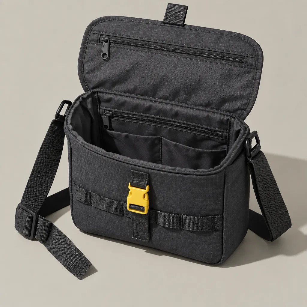 Box Rail Crossbody, opened to show the inside