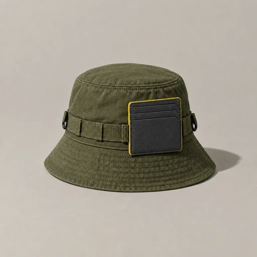 Card Pocket clipped to a hat rail (hat sold separately)