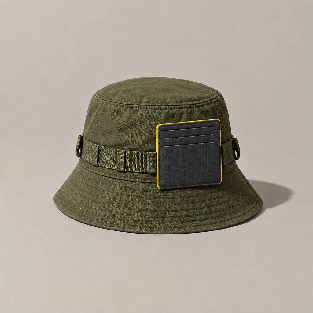Card Pocket clipped to a hat rail (hat sold separately)
