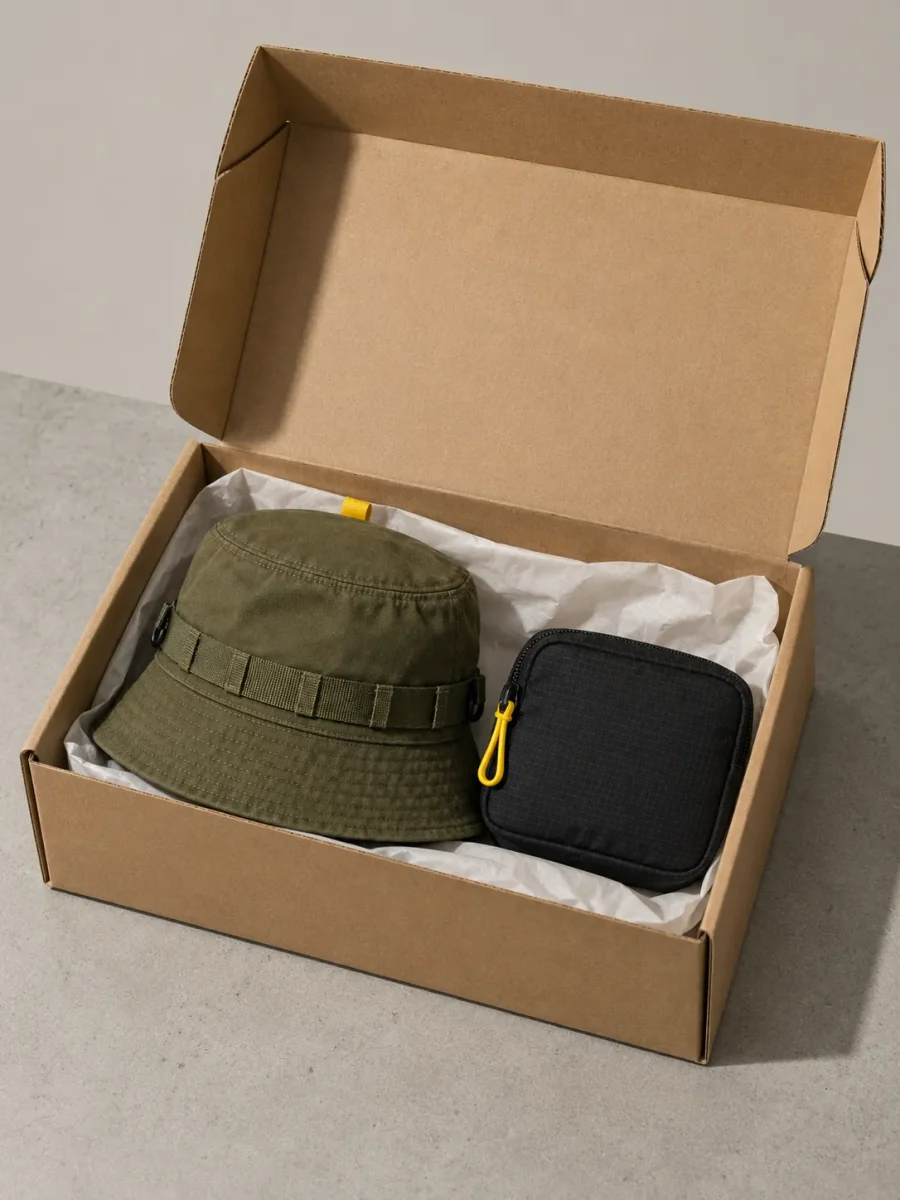 A folded bucket hat and a pocket module in an open kraft box