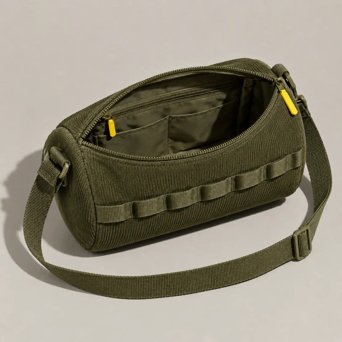 Cord Barrel Crossbody, opened to show the inside