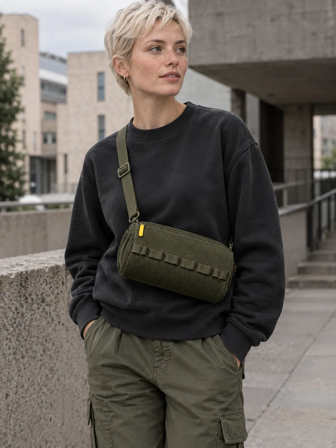 Cord Barrel Crossbody in use