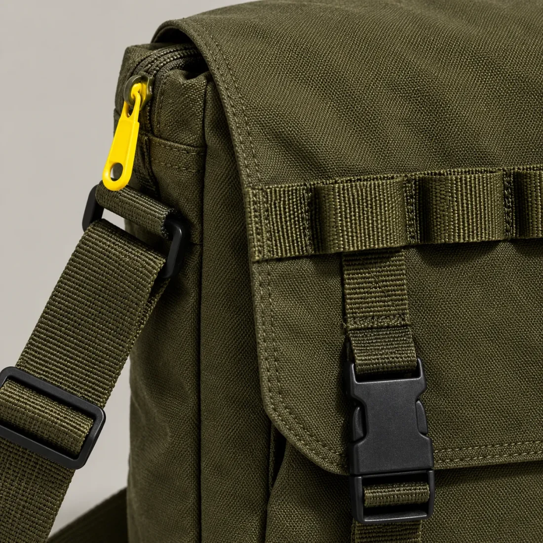 Field Messenger Crossbody, close-up of the rail and hardware