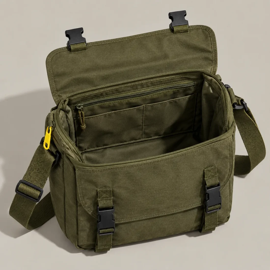 Field Messenger Crossbody, opened to show the inside