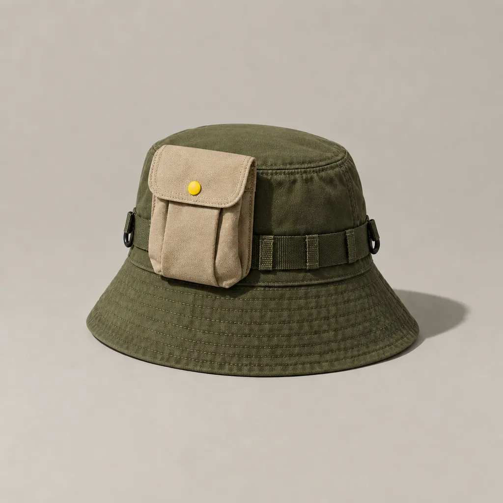 Flap Pocket clipped to a hat rail (hat sold separately)