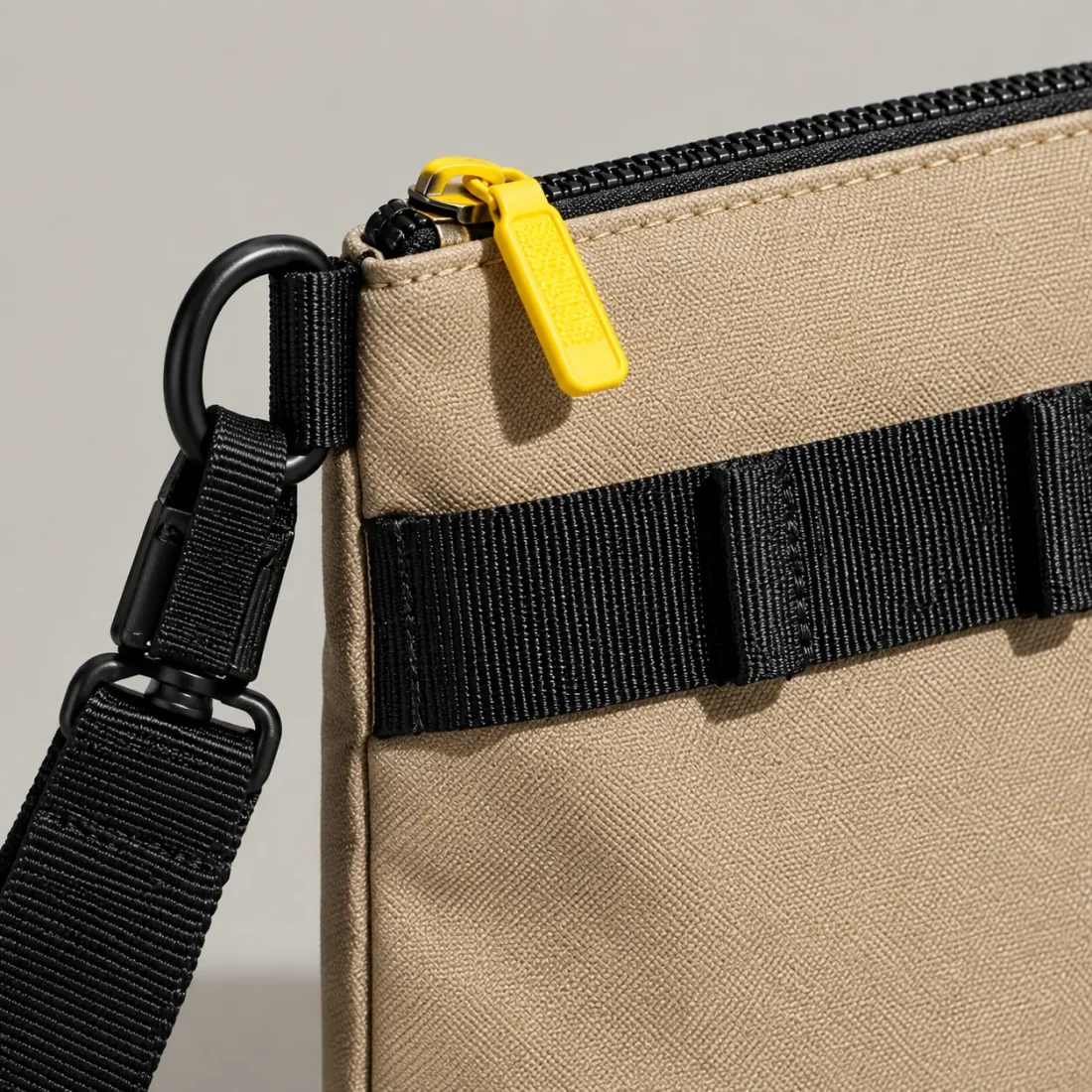 Flat Rail Crossbody, close-up of the rail and hardware