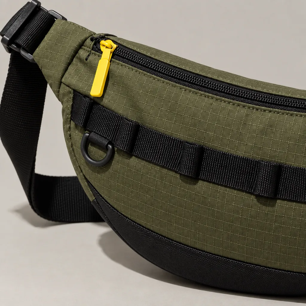 Hip Rail Crossbody, close-up of the rail and hardware