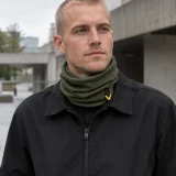 Knit Rail Gaiter worn around the neck