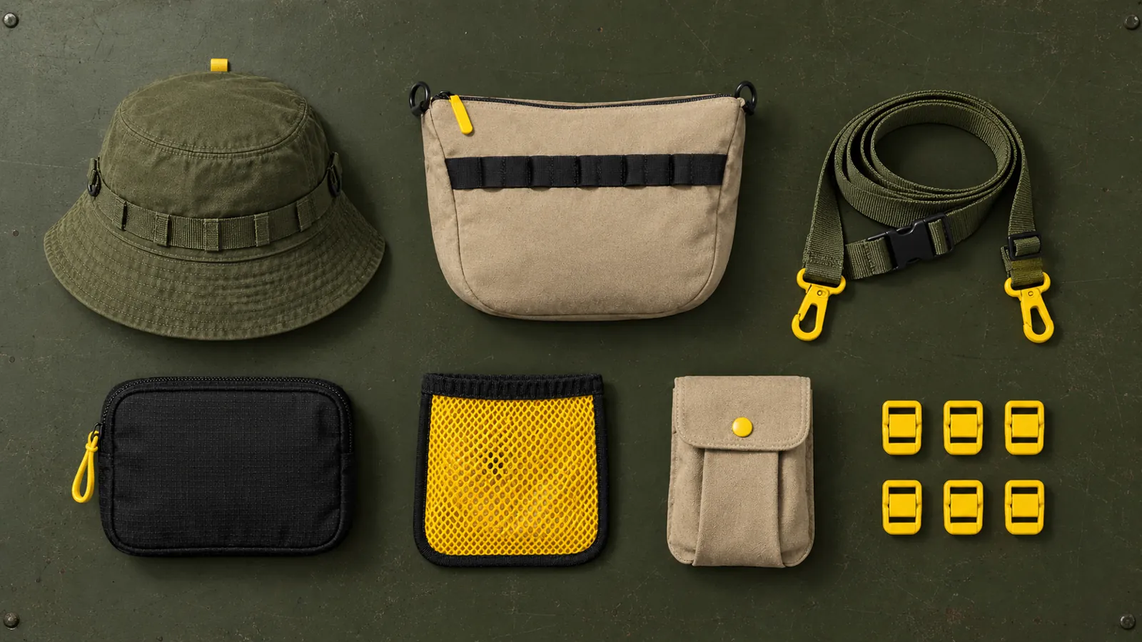 En bøllehat, en crossbody-taske, dens rem, tre lommemoduler og løse V-Clips lagt ud på en arbejdsbænk
