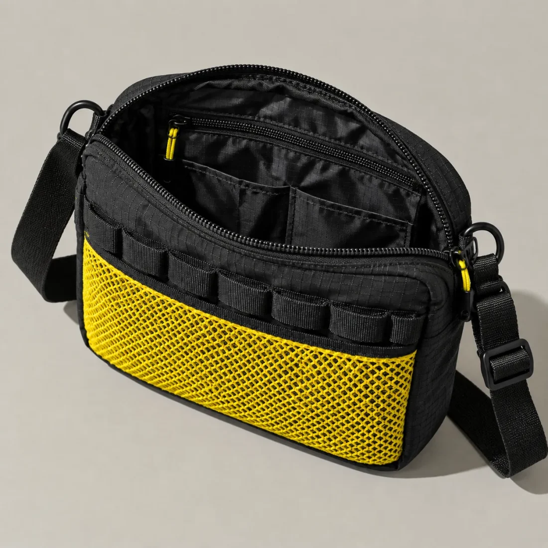 Mesh-Front Crossbody, opened to show the inside