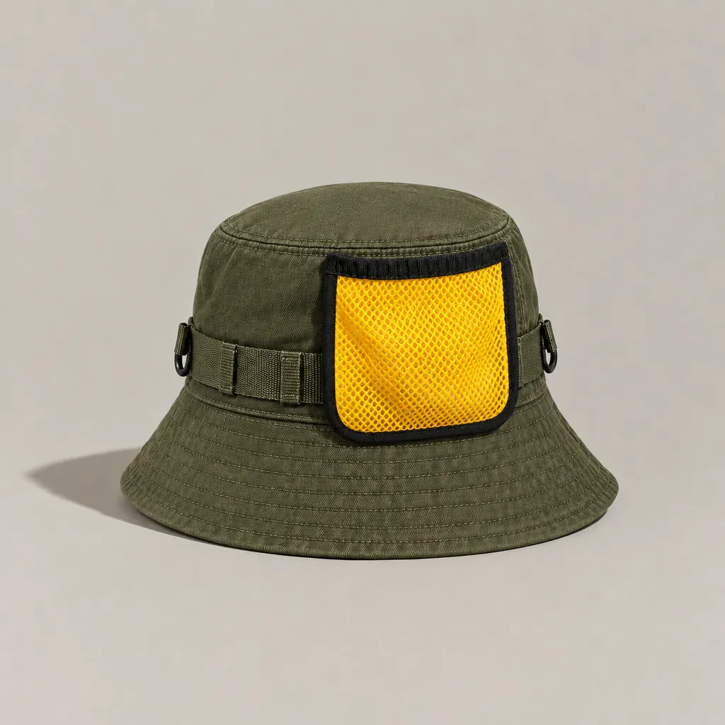 Mesh Pocket clipped to a hat rail (hat sold separately)
