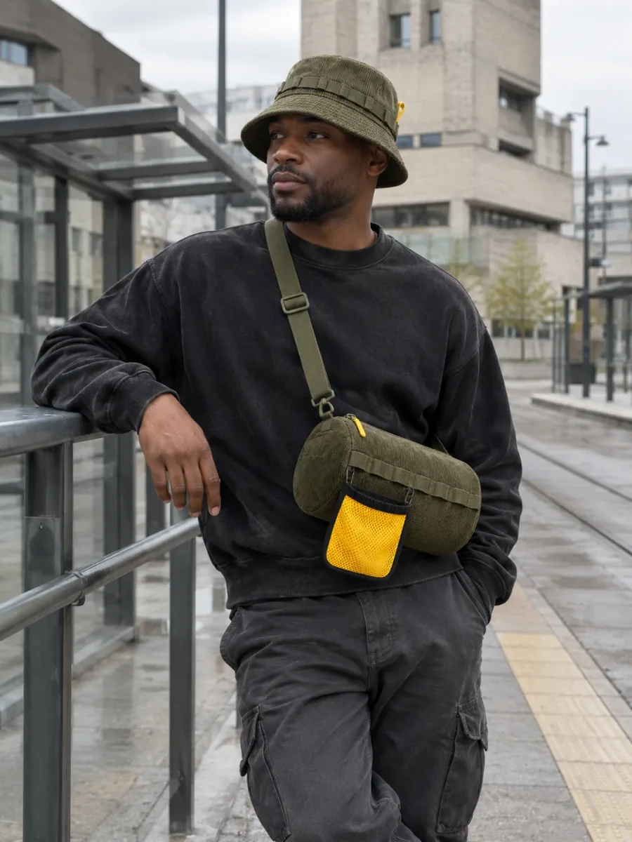 Rail-bøllehat i fløjl båret med Barrel-crossbodytaske i fløjl