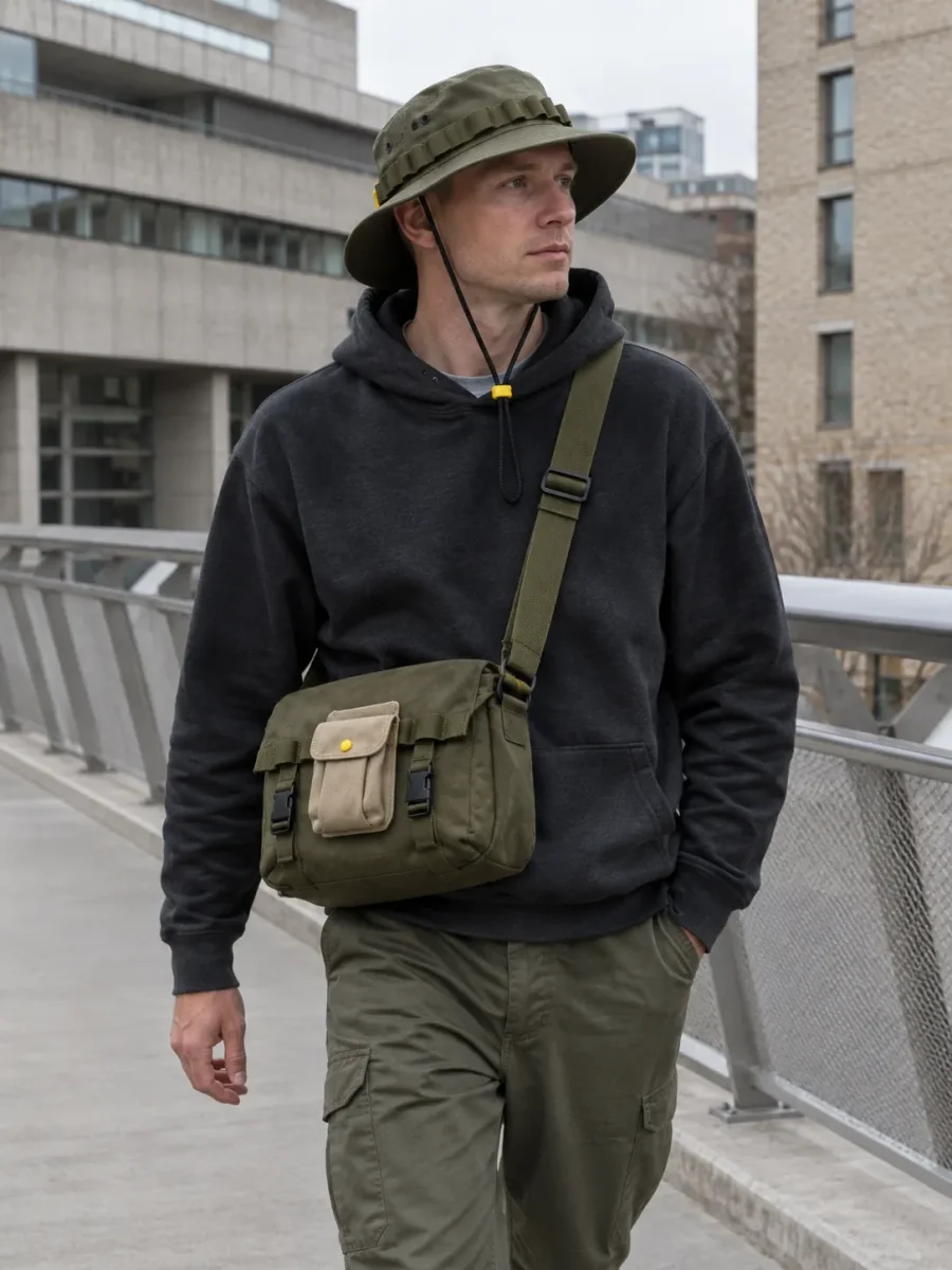 Field-bøllehat med bred skygge båret med Field Messenger-crossbodytaske