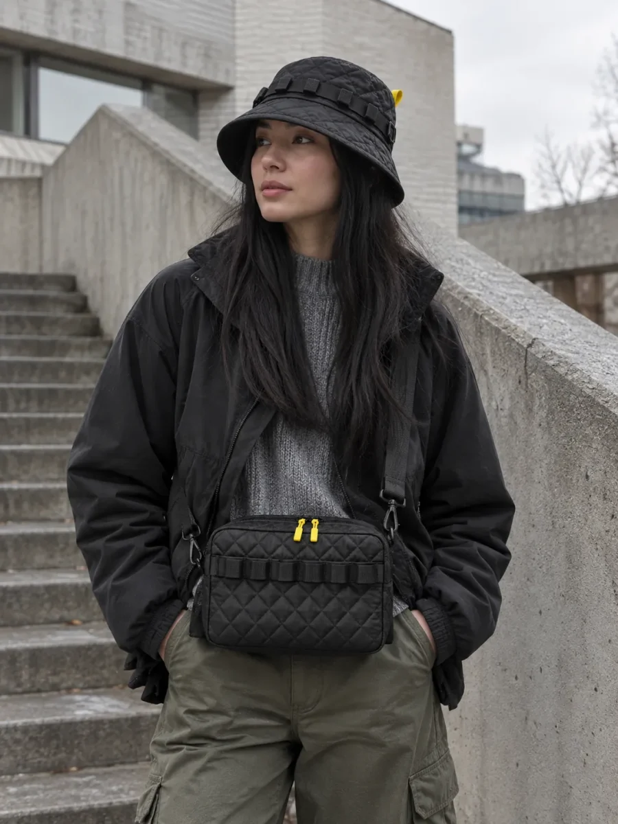 Quiltet Rail-bøllehat båret med Quiltet boks-crossbodytaske