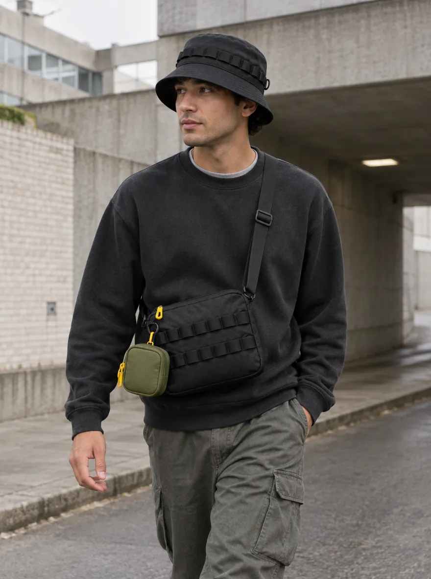 Twin-Rail-bøllehat båret med Twin-Rail-crossbodytaske