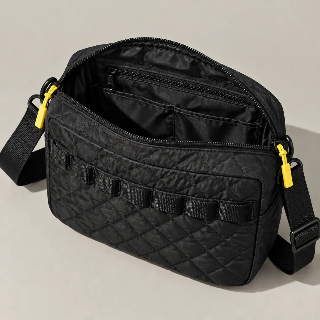 Quilted Box Crossbody, opened to show the inside