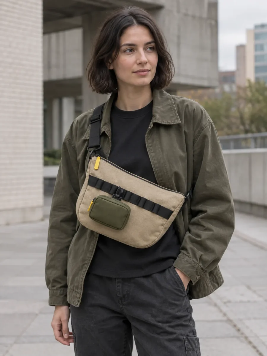 Twin Zip Pocket clipped to a bag rail (bag sold separately)