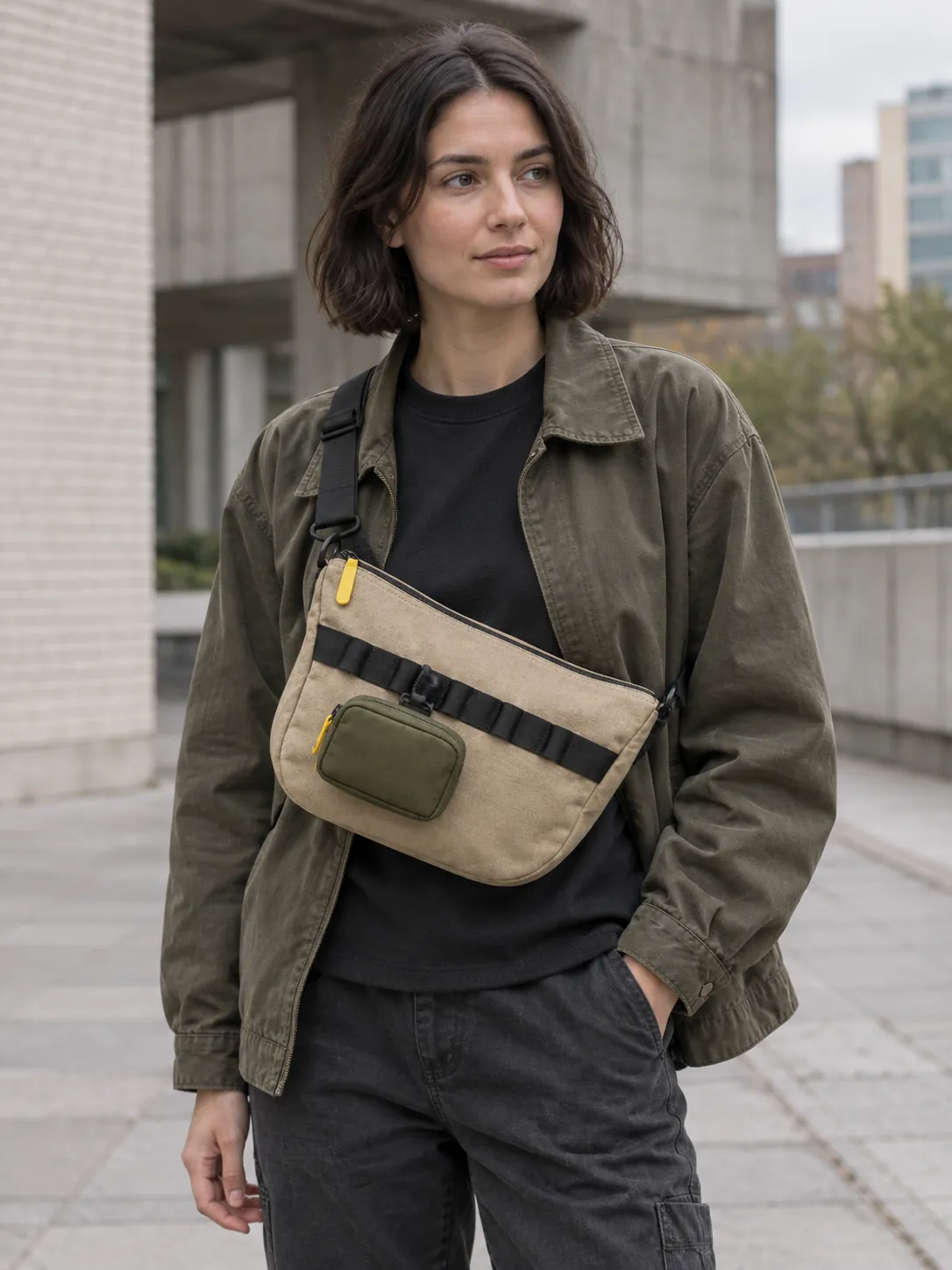 Twin Zip Pocket clipped to a bag rail (bag sold separately)