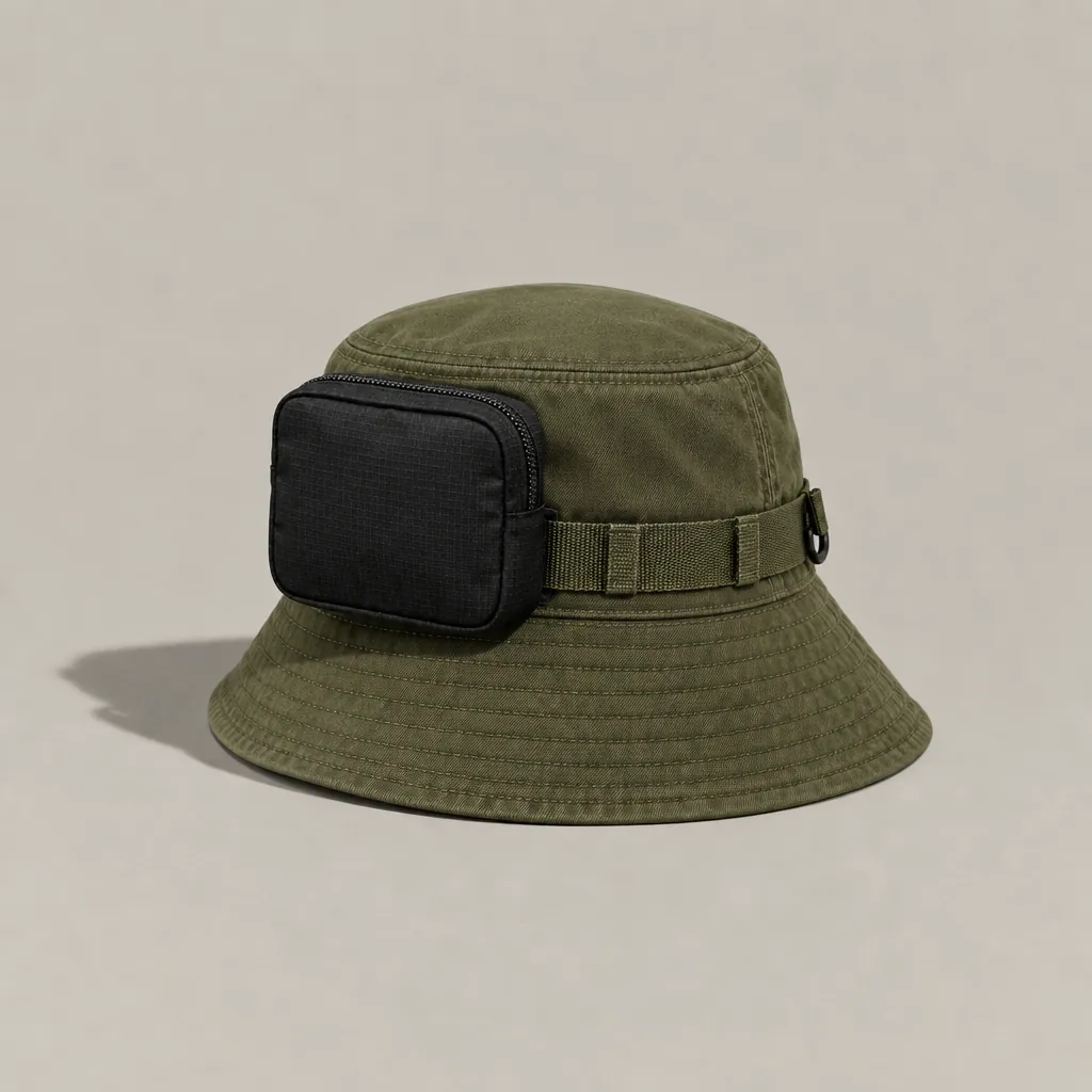 Zip Pocket M clipped to a hat rail (hat sold separately)