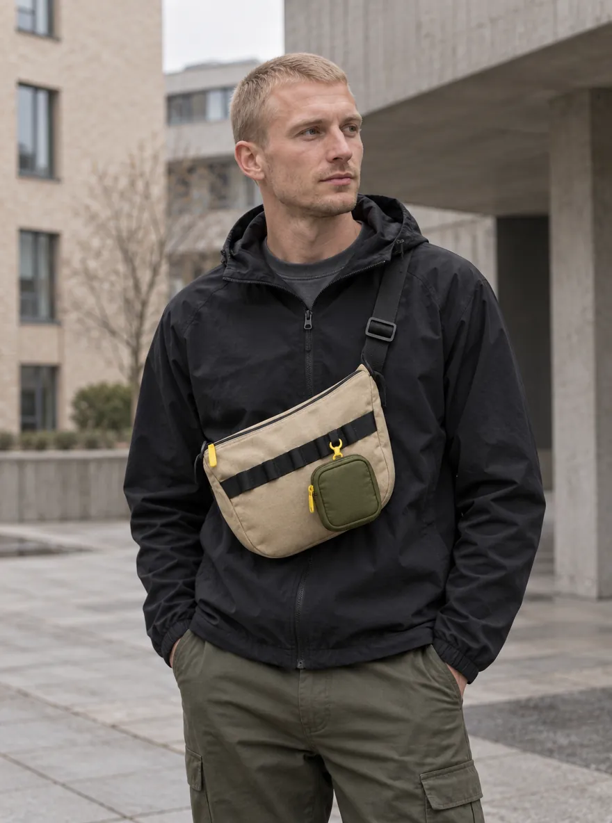 Zip Pocket S clipped to a bag rail (bag sold separately)