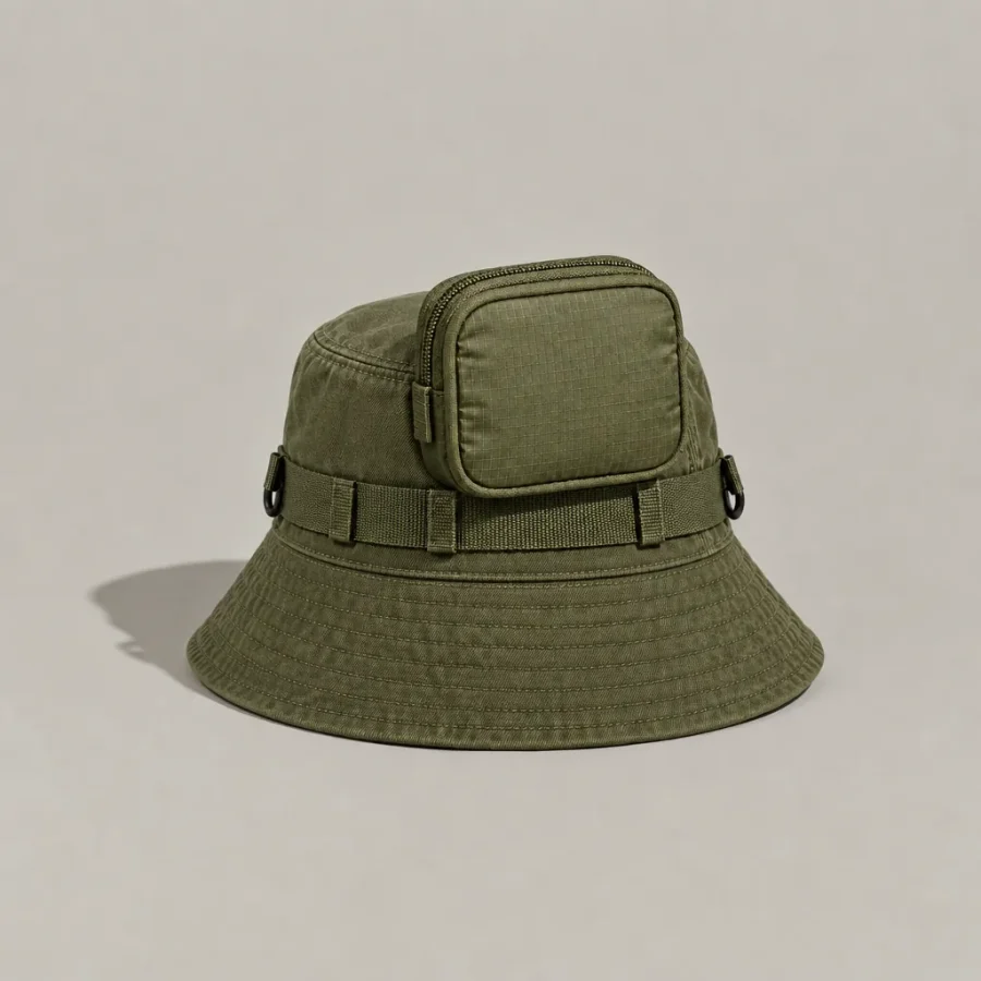 Zip Pocket S clipped to a hat rail (hat sold separately)